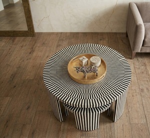 Table basse moderne contemporaine en os incrusté avec détails en agate, tables gigognes rondes en bois pour salon, mobilier de villa - Product Image 2