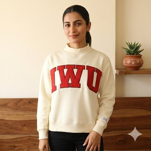Sweat-shirt à col roulé bleu clair pour femme avec imprimé lettre IWU rouge, coupe classique, manches longues, en coton tricoté, pour l'automne - Product Image 3