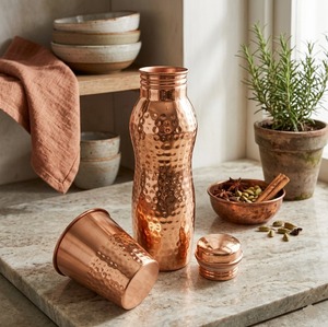 Luxury Honeycomb Relief Pure Copper Water <b>Bottle</b> Tactile Geometric Mesh Pattern <b>Brushed</b> Sheen Reusable Water Container - Product Image 3