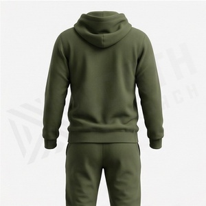 Men's Olive Green Hooded <b>Zip</b>-<b>Up</b> Tracksuit Full Sleeve Solid Color Casual Wear with Side Pockets Midweight 100% Cotton - Product Image 2