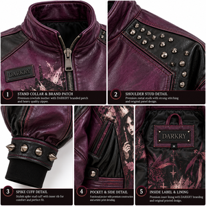<b>Women</b> Plum Purple Leather <b>Jacket</b> Gothic Queen Portrait Graphic Printed Spiked Studded Stand Collar Bomber Coat Factory Offer - Product Image 6