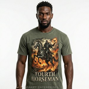 Camiseta Gráfica Vintage Personalizada Verde Oliva con Estampado del Cuarto Caballero Apocalíptico para Hombre, de Algodón Pesado, Estilo Retro Lavado, Streetwear - Product Image 1