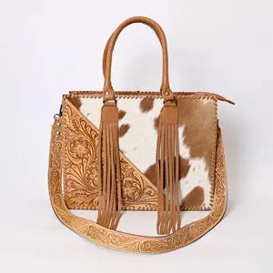 Trending 2023 Vegetable Tanned Tote Bag Hairon Cowhide Hand tooled Weekender Bag Leather Removable Strap Multipurpose Pockets