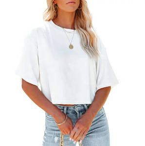 เสื้อยืดคอกลมแขนสั้นผ้าฝ้าย 100% สำหรับผู้หญิง ทรงหลวม พิมพ์ลาย ครอปท็อป ดีไซน์โอเวอร์ไซส์  ปักลายเรียบง่าย สีดำ สีขาว สไตล์ลำลอง - Product Image 1