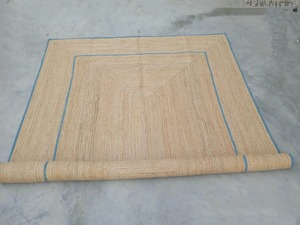 Scandinavian Style Jute Area <b>Rug</b> Rectangle Flat Weave Non Slip Living Room <b>Rug</b> Natural Beige with Blue Border - Product Image 2