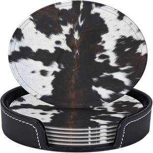 Cowhide Leather Coasters for Drinks with Holder Round Leather Coasters <b>Set</b> of 4 Cups <b>Mugs</b> Mat Pad for Home Kitchen Bar Coasters - Product Image 5