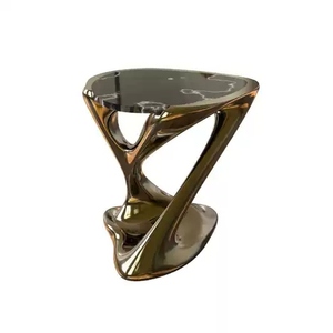 Modern Sculptural <b>Side</b> <b>Table</b> Brass Tone Base Antique Gold Finish Glass <b>Marble</b> <b>Top</b> Luxury Designer Accent <b>Table</b> Living Room Fully - Product Image 4