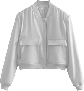 Veste universitaire unie pour femme, manches longues, col montant, poches plaquées, coupe courte, pour l'automne - Product Image 1