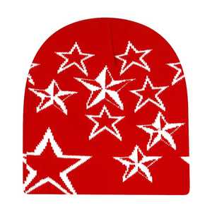 Custom Design Red Star Pattern Beanie Hat Unisex <b>Winter</b> <b>Cap</b> Casual Style Adult Size 100% Acrylic Computer Knitted - Product Image 4