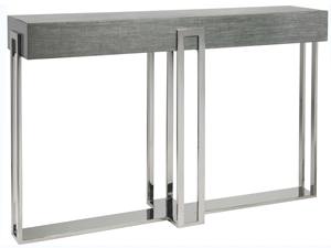 Mesa Consola Moderna Convertible con Espejo, Acabado Gris con Aspecto de Lino Texturizado, Base Geométrica de Metal Plateado para Entrada o Uso en Hoteles - Product Image 4