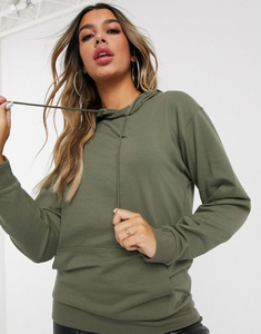 Sudadera con Capucha Verde Oliva para Mujer, Holgada, con Hombros Caídos, Manga Larga, Tejida, de Color Sólido, Informal, para Otoño, con Bolsillos - Product Image 4
