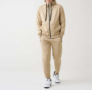Men's Khaki Full <b>Zip</b> <b>Hooded</b> Tracksuit Set Solid Color Casual Sweatshirt Pants Breathable Cotton Autumn Wear Made in Pakistan - Product Image 2