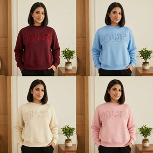 Sweat-shirt pour femme bleu clair avec imprimé lettres Boujee, col rond, coupe classique, 100% coton tricoté, vêtement décontracté pour l'automne - Product Image 5