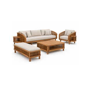 Solid Teak Wood Patio Lounge Set with Slatted Sofa Armchair <b>Bench</b> Coffee Table <b>Cushions</b> for Villa Hotel <b>Outdoor</b> Living - Product Image 1