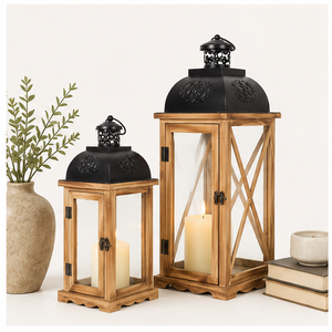 Set of 2 <b>Large</b> Farmhouse Wooden Metal Candle <b>Lanterns</b> Rustic Decorative Floor <b>Lanterns</b> for Indoor Outdoor Home Decor Low Price - Product Image 2