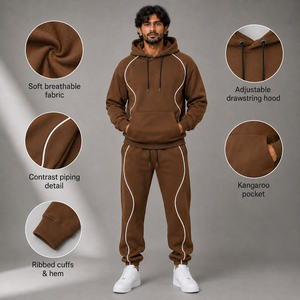 Men's Brown Hooded Tracksuit <b>Set</b> with White Contrast Piping Pullover Hoodie and <b>Jogger</b> Pants for Casual Streetwear - Product Image 6