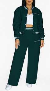 Oneten Apparel Women <b>Dark</b> <b>Green</b> Sporty Tracksuit Set Snap Button Jacket Wide Leg Pants Two Piece Outfit - Product Image 6