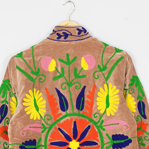 Women Velvet Embroidered <b>Jacket</b> Mandarin Collar Floral <b>Pattern</b> Boho Style Spring Coat Handmade Suzani Design Full Sleeve - Product Image 6