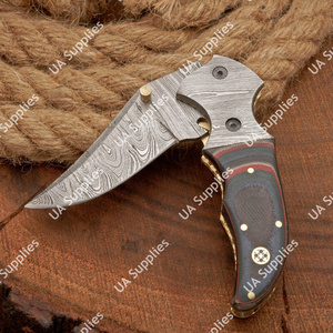 Cuchillo Plegable de Acero de Damasco de Lujo Personalizado - Mango de Micarta Exótica con Detalles de Latón, Cuchillo de Bolsillo EDC, Funda de Cuero, Venta al por Mayor - Product Image 3