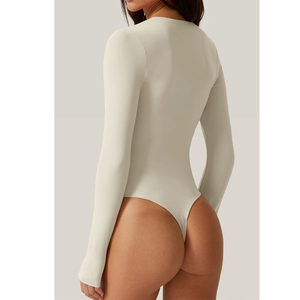 Women One Piece Bodysuit Deep V Neck Long Sleeve High Cut Solid Color Spandex Nylon Seamless Knitted Stretchwear - Product Image 2