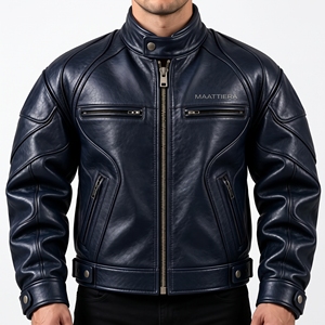 Chaqueta de Cuero Sintético Azul Marino para Hombre, Cuello Alto, Cierre de Cremallera Frontal, Bolsillos en el Pecho, Manga Larga, Ropa Exterior de Moda, Personalizable OEM ODM - Product Image 1