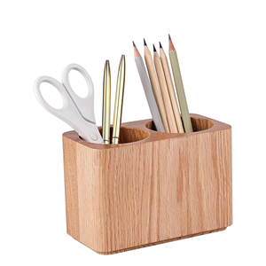 Porte-stylos et porte-crayons en bois massif de chêne moderne à deux compartiments pour bureau, maison, école, organisateur de fournitures de bureau - Product Image 3