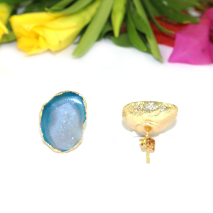 Goran Vogue Unique Design Blue Geode Druzy Gemstone Skeleton Geometric 24K Gold Plated <b>Brass</b> Girls Women's Gift Stud Earrings - Product Image 4