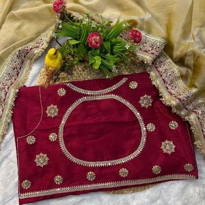 Sari de Seda Mocha Pura Tradicional Premium para Boda con Lentejuelas y Bordado de Cordón, Blusa de Diseñador Sin Coser de Royal Export - Product Image 5