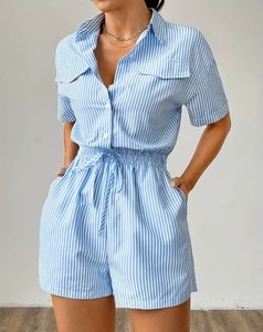 จั๊มสูทของผู้หญิงแบบลำลองลายทางมีสไตล์พร้อมเสื้อเชิ้ตแขนระบายทรงเพรียวบางผ้าทอแนวสตรีทสำหรับฤดูใบไม้ผลิ/ฤดูร้อน - Product Image 1