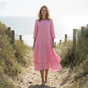 Plus Size Organic <b>Linen</b> Midi <b>Two</b>-<b>Piece</b> Side Pockets Loose Fit Vintage High Waist Bell Sleeves-Women's Spring Summer Comfort - Product Image 1