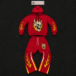 Ensemble de survêtement Red Flame Skull pour homme, sweat à capuche et pantalon de jogging, streetwear, imprimé feu gothique, tenue de sport décontractée, ensemble deux pièces, soldes - Product Image 5