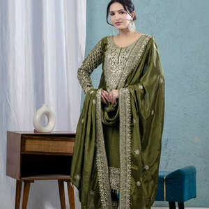 Conjunto de Kurta/Pantalón/Dupatta de Seda Romana para Mujer, con Bordado, de Secado Rápido, Estilo Moderno, para Bodas/Fiestas - Product Image 1