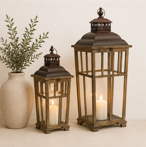 Set of 2 <b>Large</b> Farmhouse Wooden Decorative Lanterns Rustic Distressed Brown Wood Floor <b>Candle</b> Lanterns for Wedding Centerpiece - Product Image 2