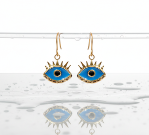 Boucles d'oreilles tendance faites à la main en laiton en forme d'œil, émail bleu marin, talisman œil porte-bonheur, crochets sans plomb, bijoux artisanaux - Product Image 6
