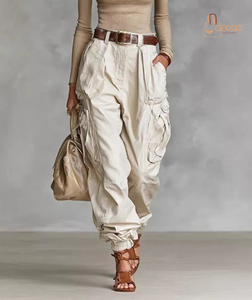 Pantalones Cargo de Pierna Ancha de Cintura Alta, Estilo Urbano Europeo Americano, de Lona de Algodón Sin Elástico, Casuales y Resistentes al Viento para Otoño - Product Image 1