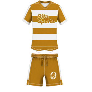 Ensemble uniforme de rugby à manches courtes blanc et marron doré, maillot de rugby rayé à col rond, short à cordon de serrage, performance athlétique pour équipe - Product Image 1