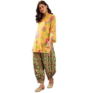 Women's Ethnic <b>Linen</b> Kurta Set Short Kurti with Comfortable Farshi Pants - Product Image 1