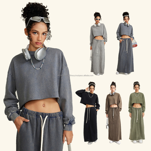 Sweat-shirt à col rond en coton pour femme, 380 g/m², coupe courte, imprimé, couleur unie, sweat-shirt à capuche court pour femme - Product Image 1