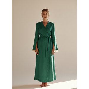 Vestido Maxi Cruzado con Cuello en V de Lujo, Mezcla de Lino, Manga Larga, con Cinturón, Estilo Minimalista, Clásico con Lazo en la Cintura - Product Image 3