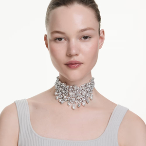 Luxury Women 925 <b>Silver</b> Rhodium Plated Freshwater Pearl <b>Choker</b> Necklace With Crystal Drops Wedding Jewelry - Product Image 3