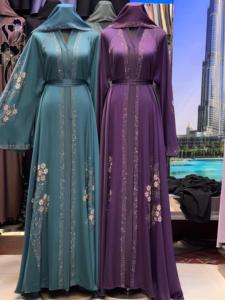 2026 New V Neck Long Sleeve Floor Length Modest Polyester Handmade <b>Flared</b> Hem Abaya Beaded Detail Women's Traditional Muslim - Product Image 2