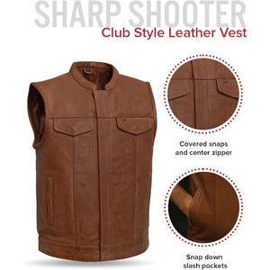 Custom Men's Brown Perforated Genuine Cowhide <b>Leather</b> Motorcycle Vest Stand Collar <b>Biker</b> Club <b>Leather</b> <b>Waistcoat</b> - Product Image 5