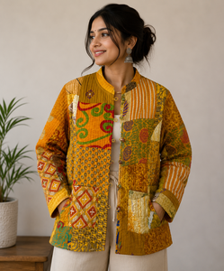 Hermosa Chaqueta de Invierno Hecha a Mano con Parches de Sari de Seda, Estampado Floral, Acolchado Kantha, Cuello en V, Mangas Abullonadas, Estilo Casual Nivisaa - Product Image 1