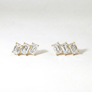 Luxury Lab Grown Diamond Triple <b>Emerald</b> Cut Baguette Cluster <b>Stud</b> Earrings Gold Geometric Ear Climber Dainty Minimalist Jewelry - Product Image 2
