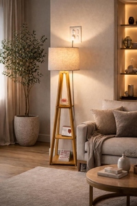 Lampadaire Trépied en Bois avec 3 Étagères, Luminaire sur Pied, Fabricant, Abat-jour en Tissu Blanc Personnalisé, OEM ODM Vente en Gros Natura - Product Image 6