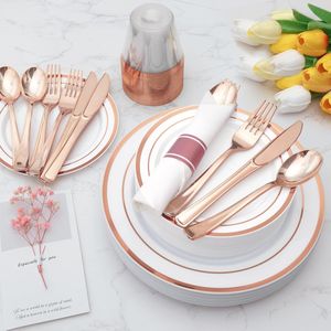 Kit di Stoviglie Usa e Getta Oro Rosa da 350 Pezzi per 50 Ospiti, Include 50 Piatti e 50 Coppette per Dessert - Product Image 2