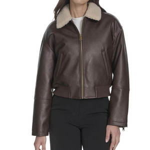 Chaqueta Bomber Vintage para Hombre, de Cuero Sintético Marrón, con Cuello de Piel Sintética Sherpa, Cierre de Cremallera, Abrigo de Invierno - Product Image 1