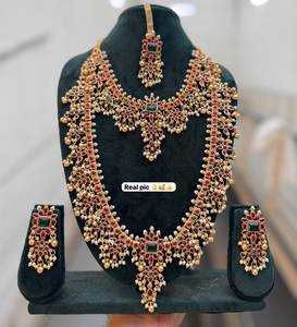 Conjunto de Collar, Pendientes y Anillo de Novia Largos, Estilo Templo del Sur de la India, Chapado en Oro de Alta Calidad, Perlas de Imitación, Estilo Vintage para Boda - Product Image 2