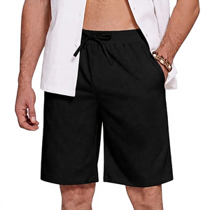 Shorts Bermuda pour Homme Bleu Marine Couleur Unie Taille à Cordon Tissu Oxford Coton Décontracté Taille Moyenne avec Poches - Product Image 3