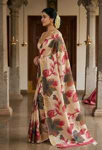GACHI TASSAR SILK Floral Silk <b>Saree</b> For Women Traditional Indian Wedding Wear Regular Fit Floor Length Beige With <b>Red</b> Pink - Product Image 2